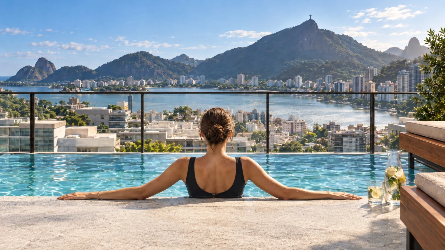 Piscina do rooftop com vista para a Lagoa Rodrigo de Freitas e o Cristo Redentor