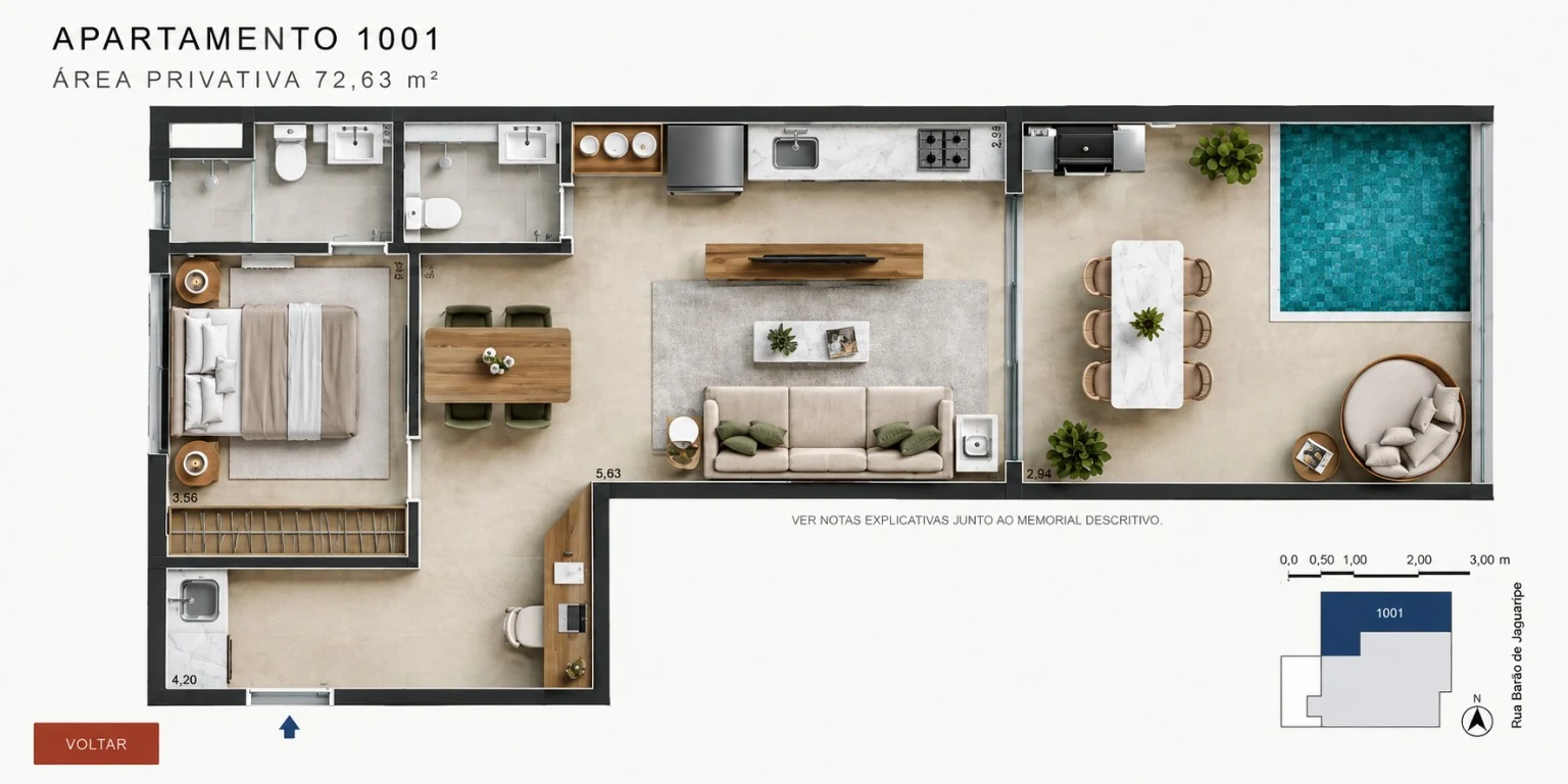 Planta apartamento 1001 com 72,63 m²