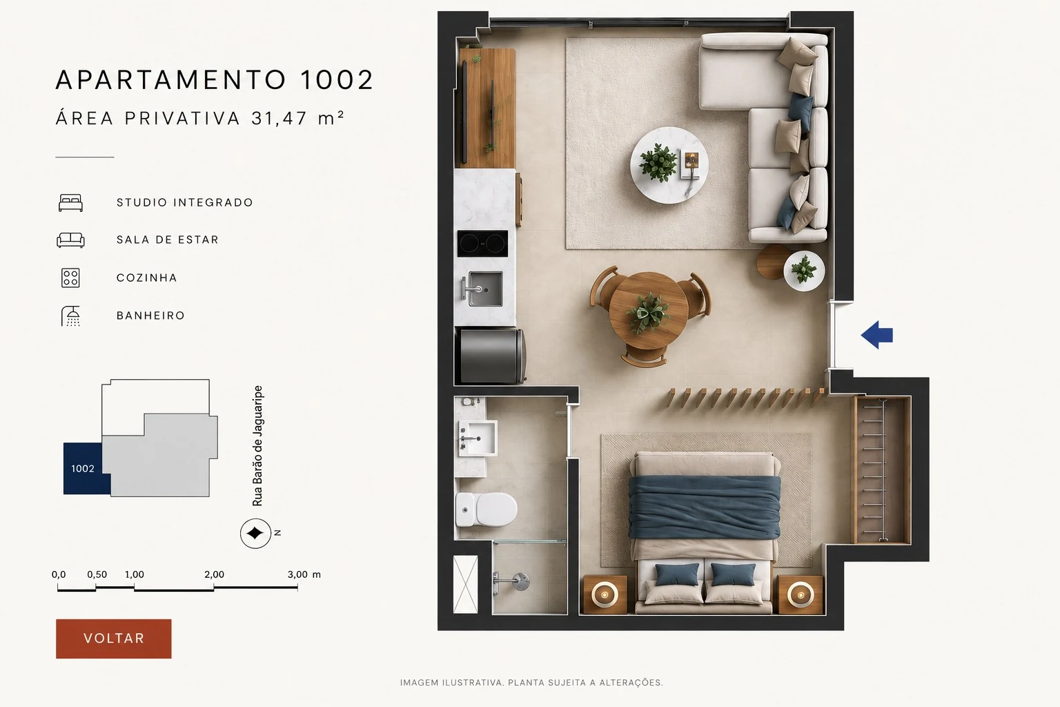Planta apartamento 1002 com 31,47 m²