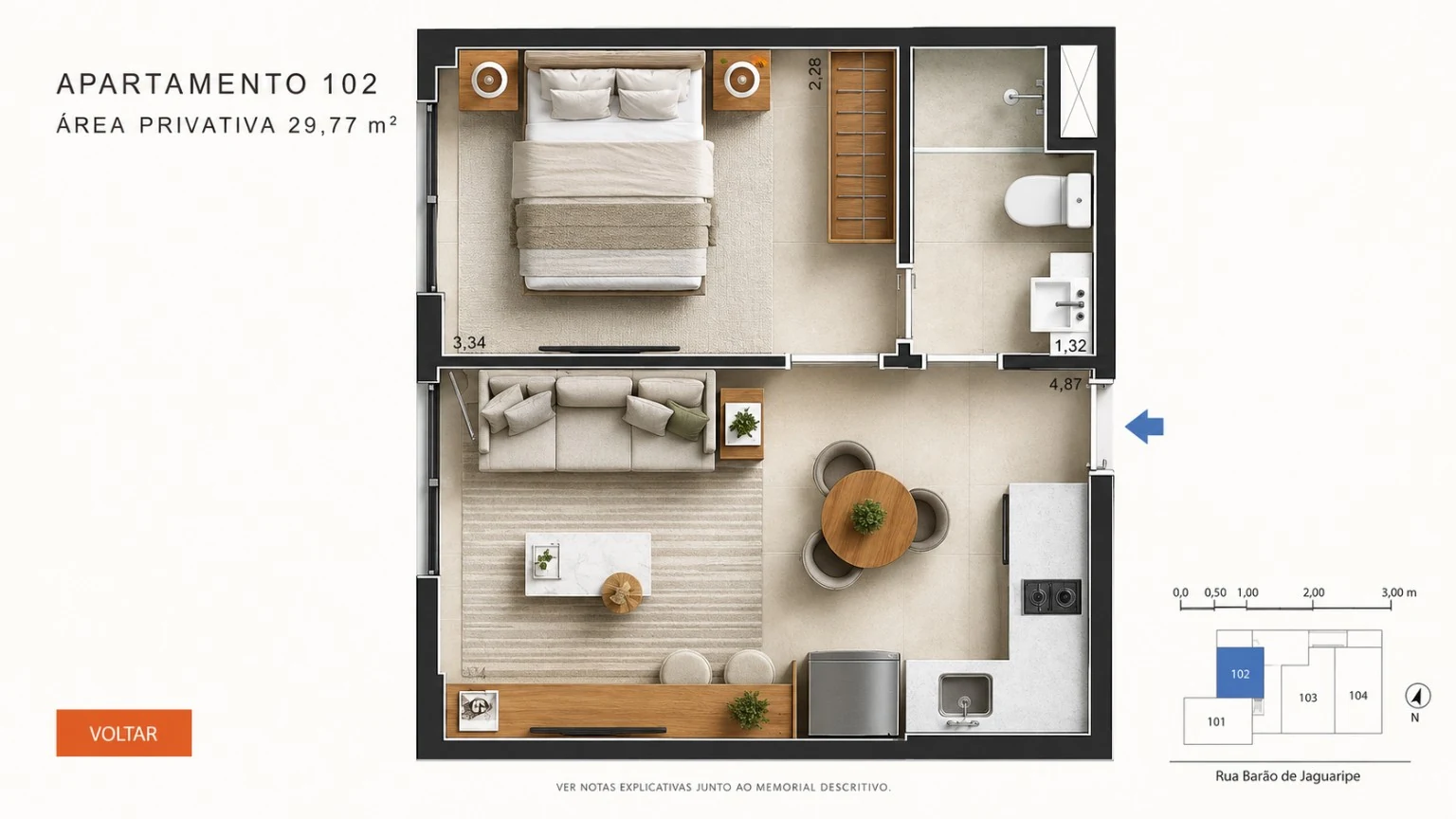 Planta apartamento 102 com 29,77 m²