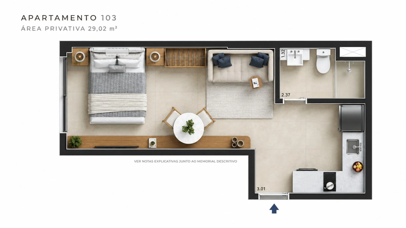Planta apartamento 103 com 29,02 m²
