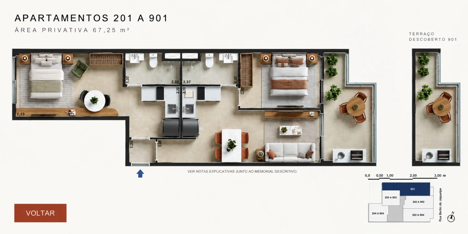 Planta apartamentos 201 a 901 com 67,25 m²