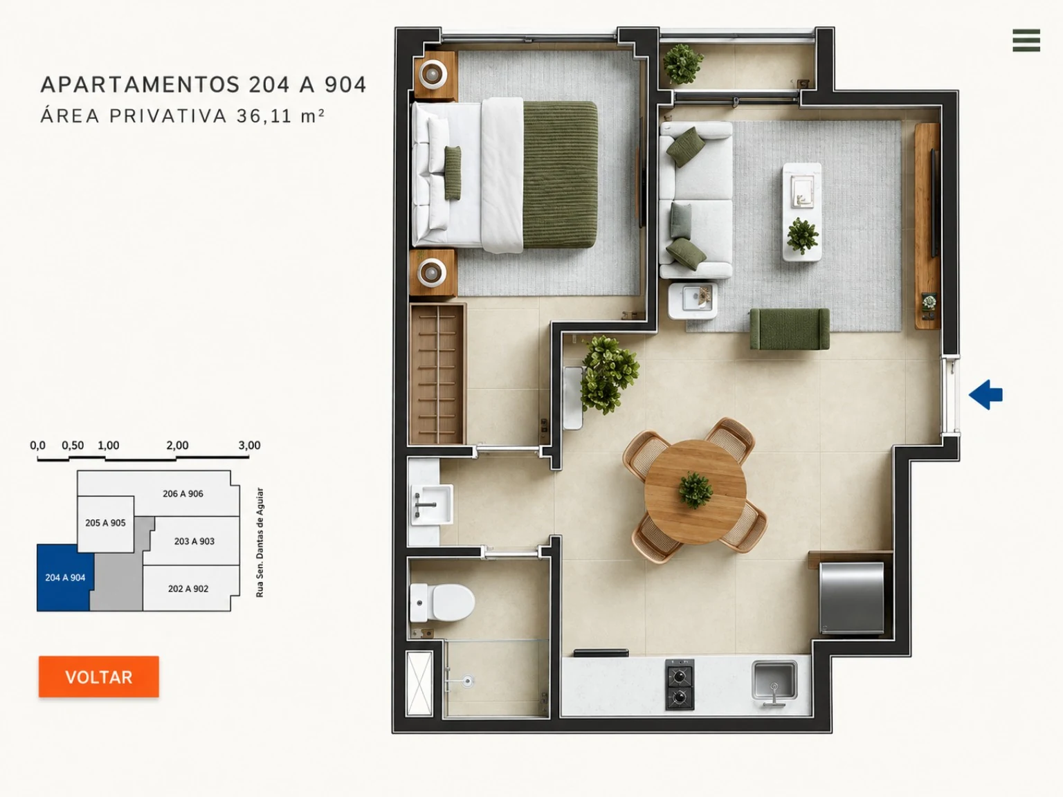 Planta apartamentos 204 a 904 com 36,11 m²