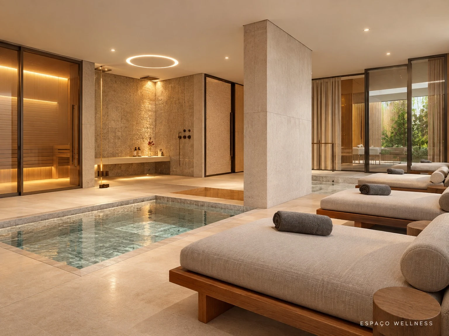 Espaço wellness com áreas de relaxamento