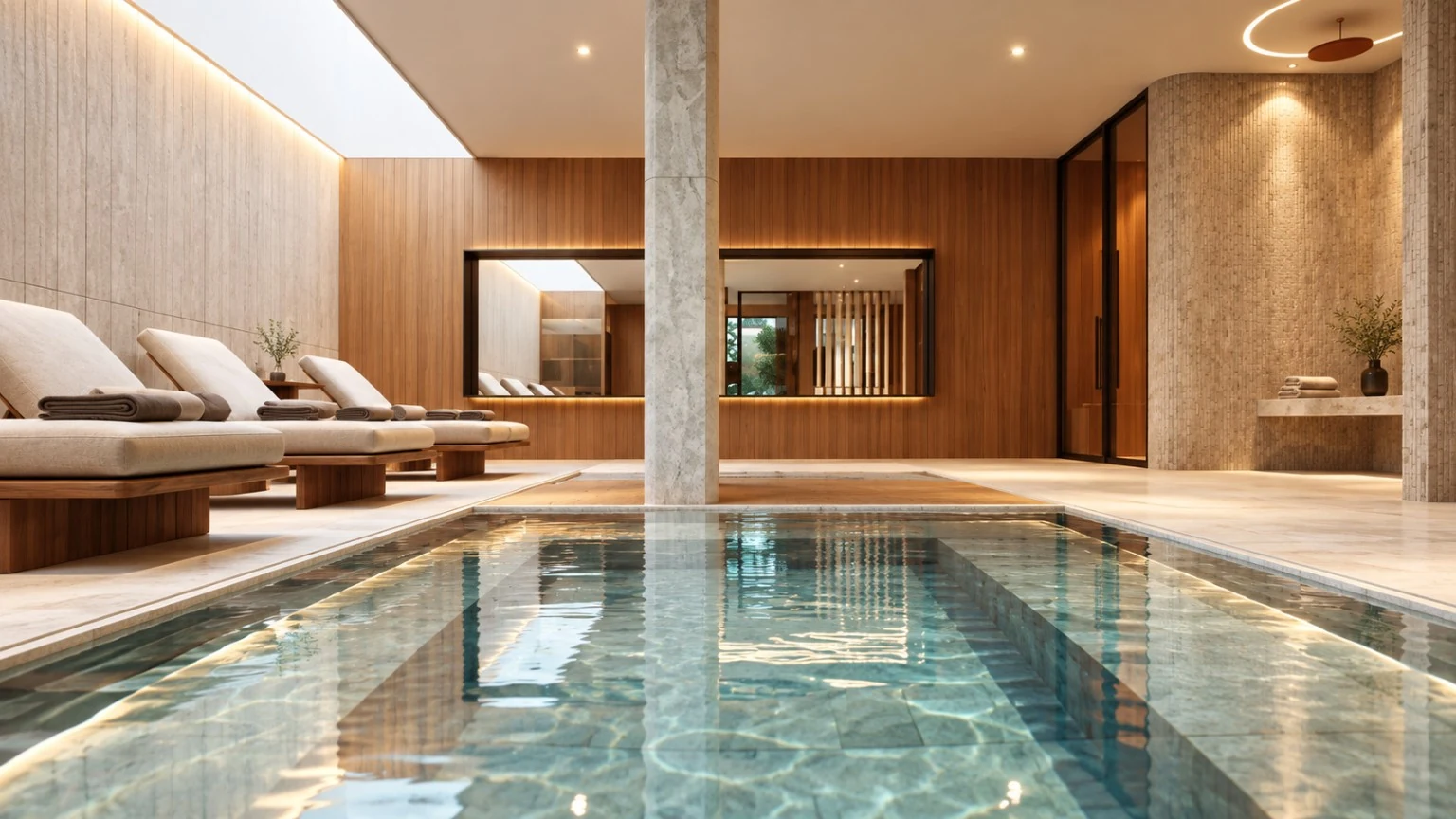 Espaço wellness com circuito de águas e área de descanso